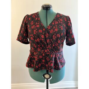 Meadow Rue by Anthropologie Floral Wrap Peplum Top – Black & Red Roses (Size L)
